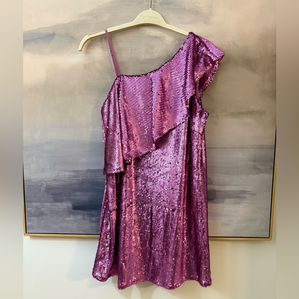 Pink Sequin Mini One Shoulder Fuschia Cocktail Dress
